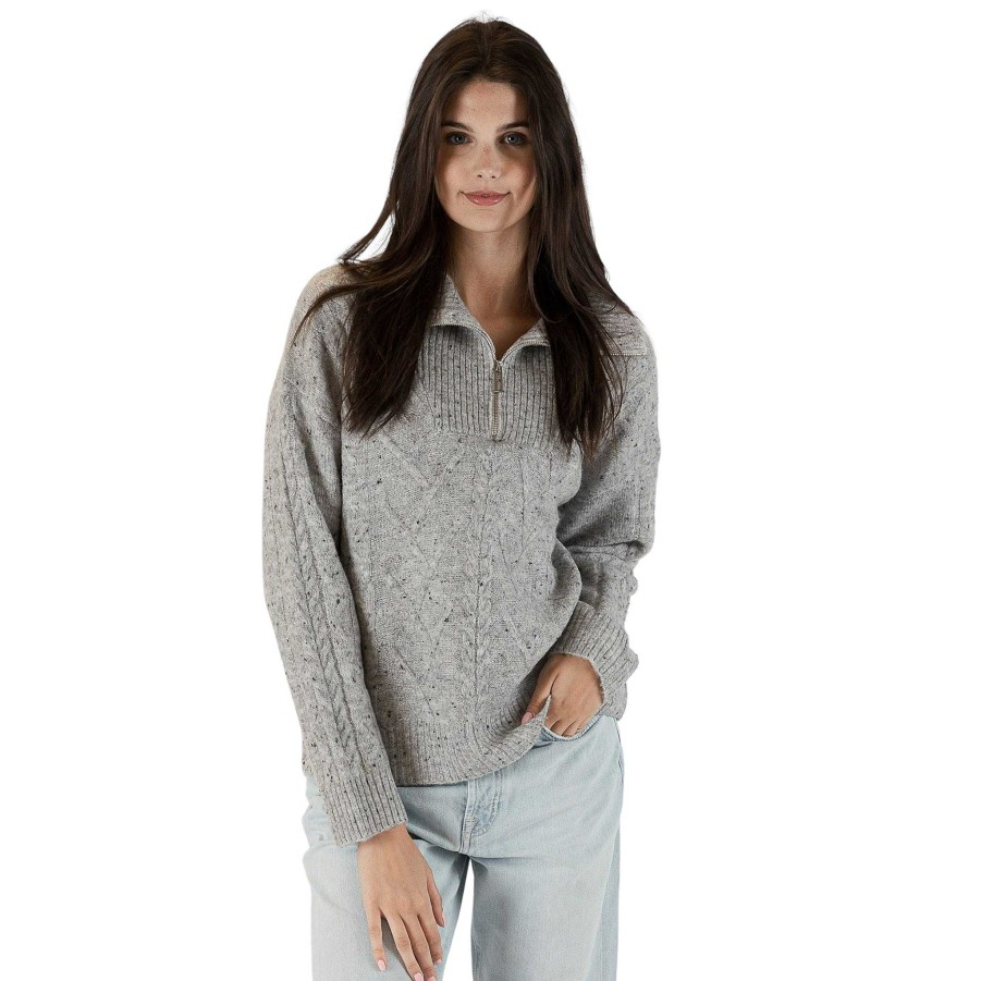 Clothing Lyla u0026 Luxe | Alpine 3/4 Zip Ribbed Sweater Light Grey Fleck