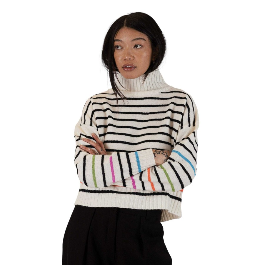 Clothing Lyla u0026 Luxe | Curtis Mockneck Multi Coloured Striped Sweater Off White With Stripes