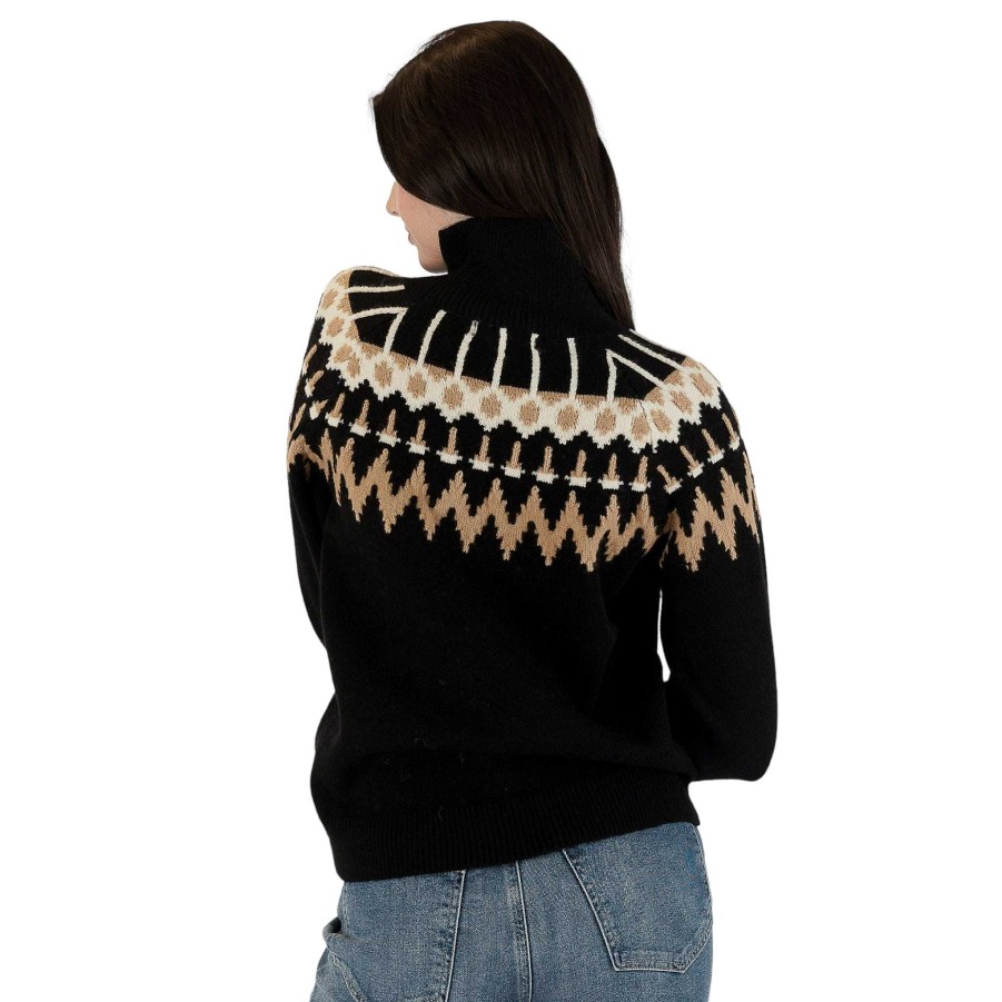 Clothing Lyla u0026 Luxe | Candace Fairisle Mockneck Sweater Black With Camel And Cream Details.