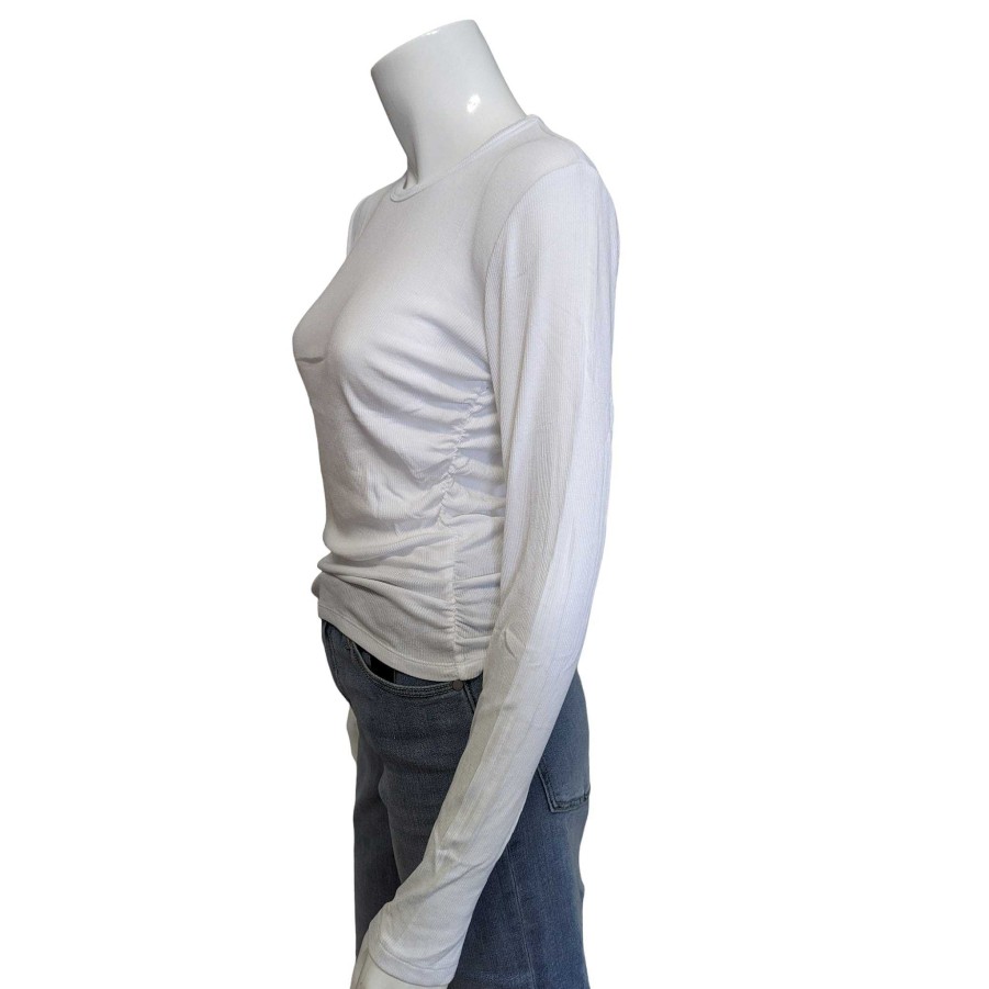 Clothing Bobi | Side Shirred Ribbed Long Sleeve Crewneck In White