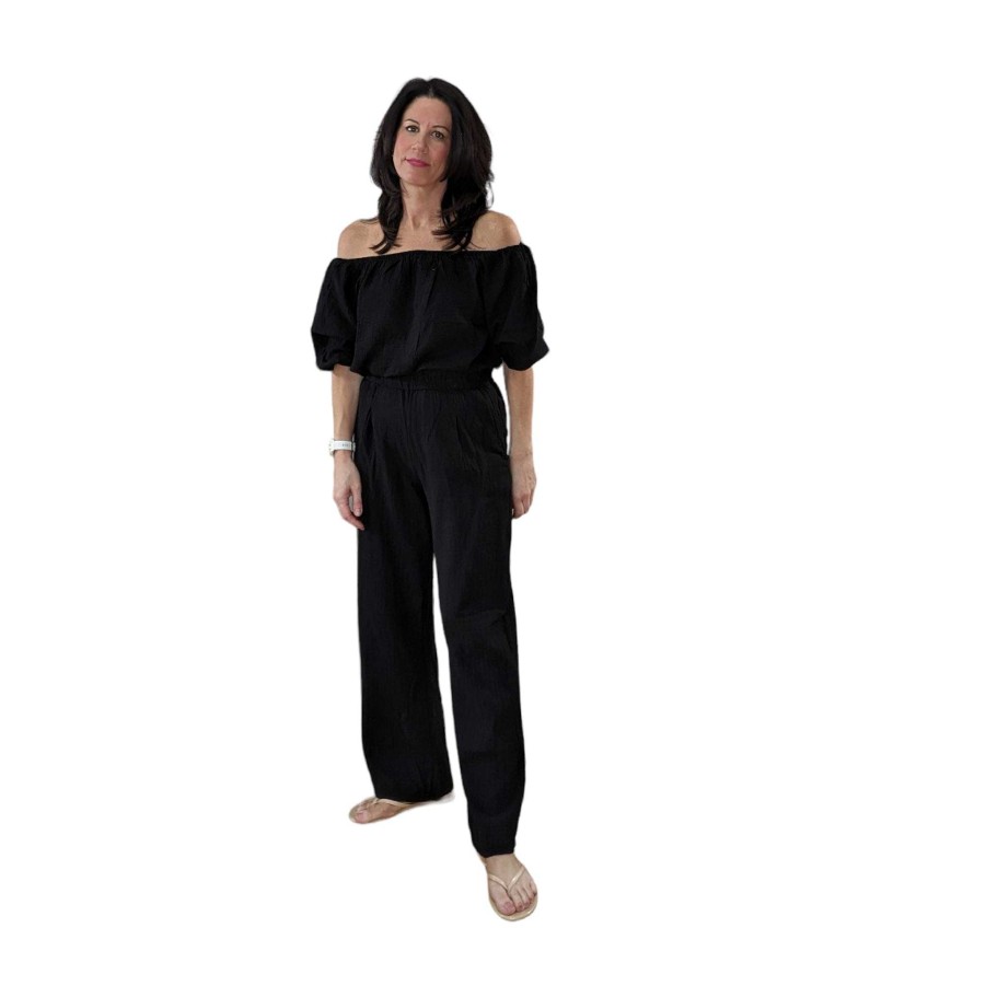 Clothing Bobi | Elastic Boatneck/Off The Shoulder Top In Gauzy Cotton Black