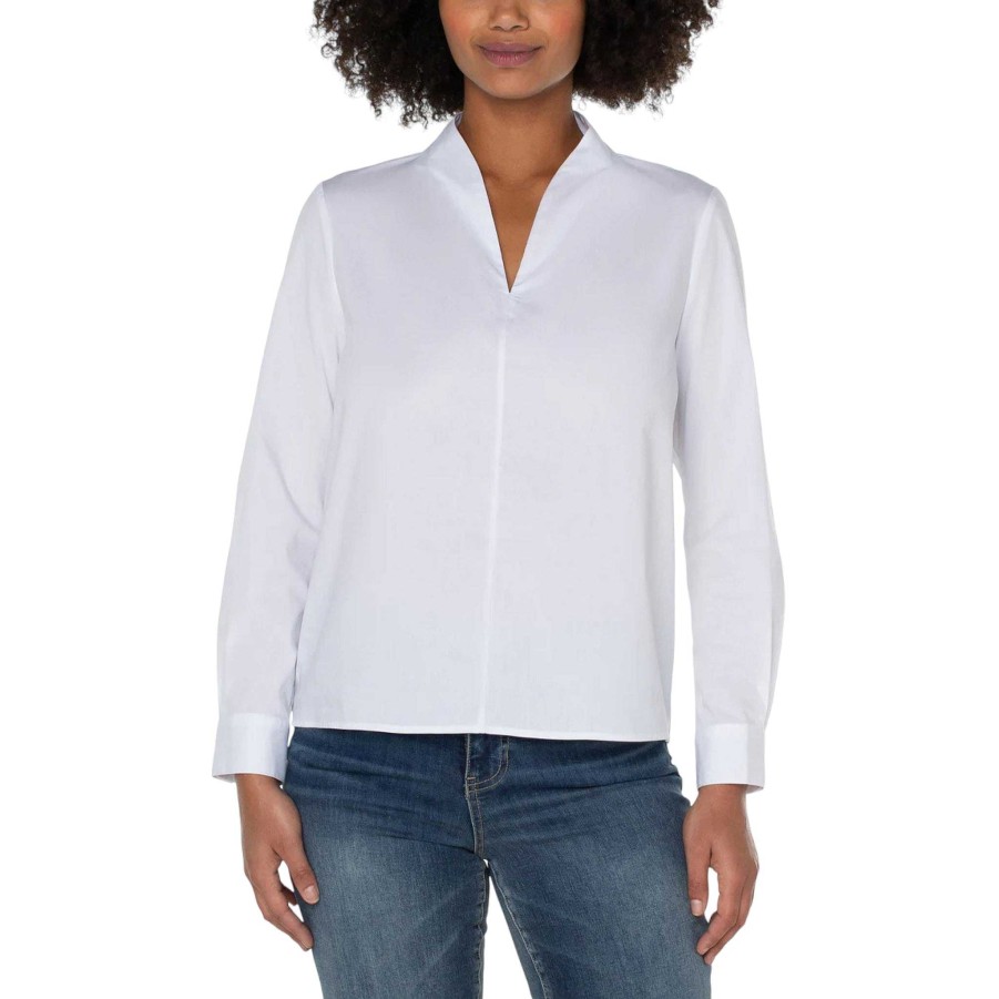 Clothing Liverpool | V-Neck Cotton Poplin Blouse White