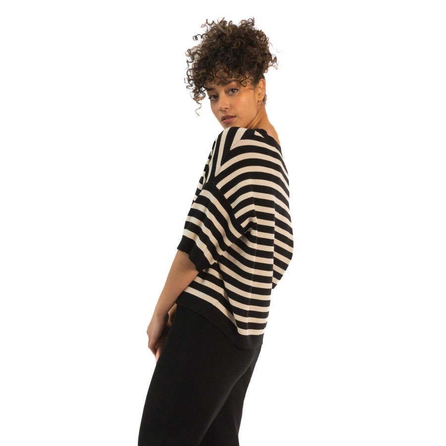 Clothing Paper Label | Sara Striped Boxy V-Neck Black And Cream