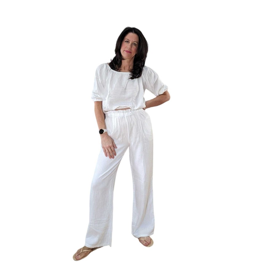 Clothing Bobi | Paper Bag Wide Leg Gauze Pants White