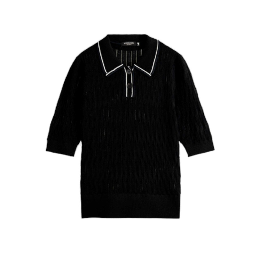 Clothing Scotch and Soda | Pointelle Collared Knitted Tee Black