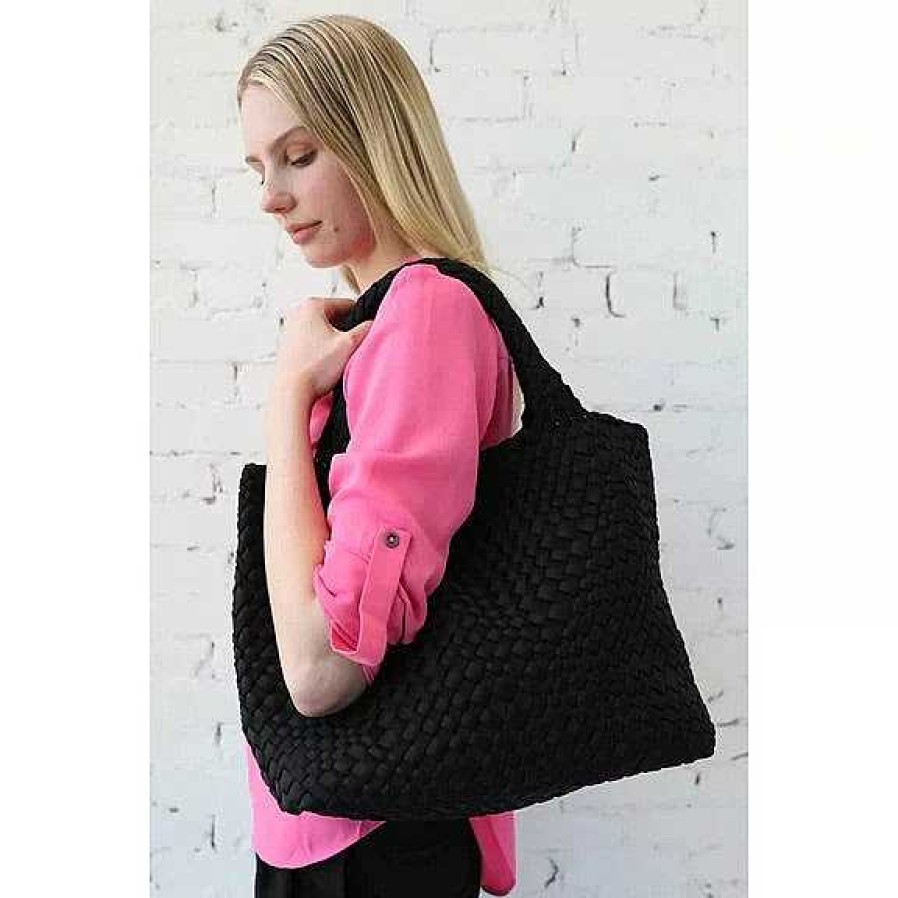 Accessories Prenelove | London Large Woven Tote In Onyx Black