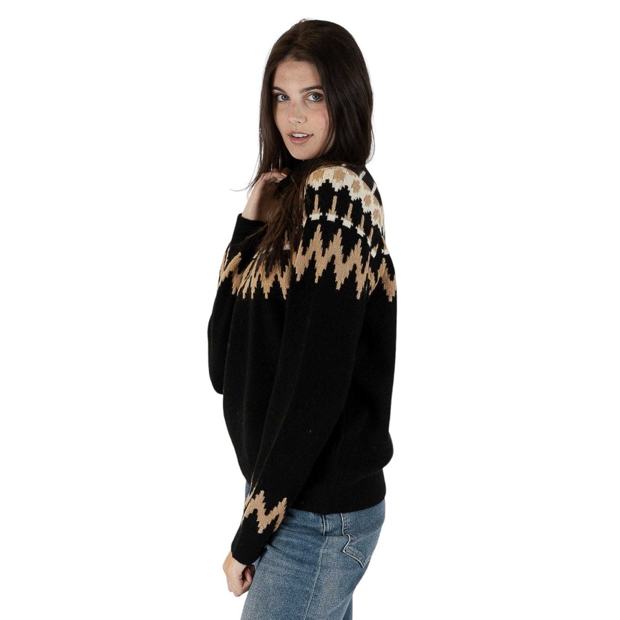 Clothing Lyla u0026 Luxe | Candace Fairisle Mockneck Sweater Black With Camel And Cream Details.